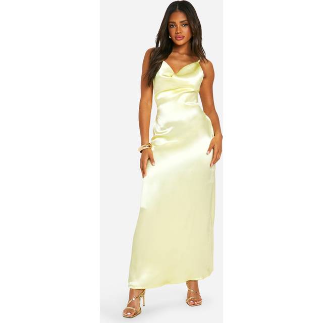 Womens Cowl Neck Satin Slip Maxi Dress - Yellow - 12, Yellow