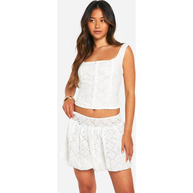Womens Broderie Puff Ball Mini Skirt - White - 16, White