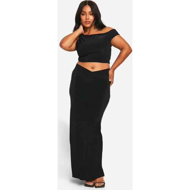 Womens Plus Double Slinky Dropped Shoulder Top & V Waistband Maxi Skirt Co Ord - Black - 26