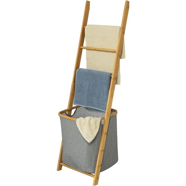 SoBuy® FRG263-N Freistehender Handtuchhalter, Handtuchleiter, Badregal mit 3 Handtuchstangen und Wäschebeutel, BHT ca.: 43,5x138x28cm