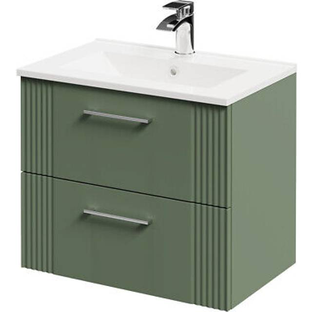 Wholesale Domestic Avant Wall Mounted Vanity Unit with 1 Tap Hole Minimalist Basin and 2 Drawers with Polished Chrome Handles | Satin Green | MDF | 600mm