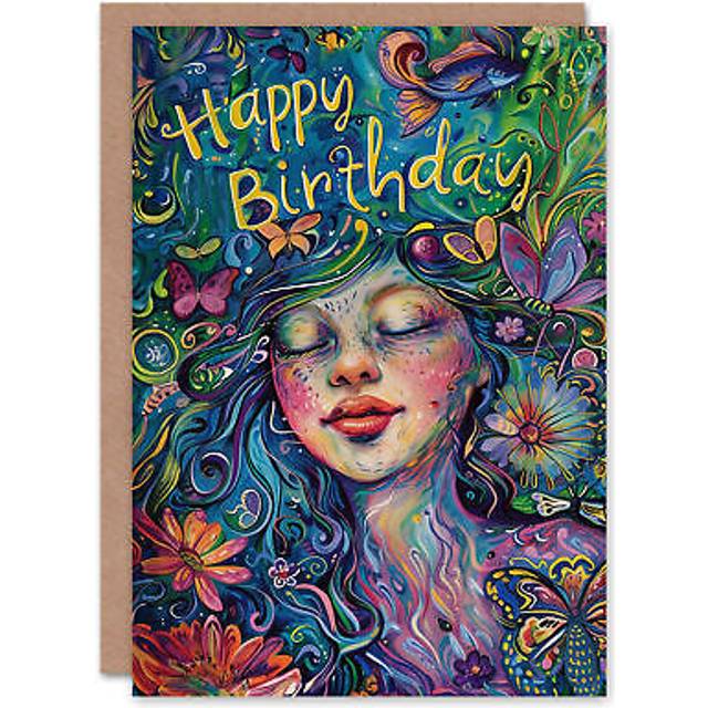 Birthday Card Flower Fairy Girl Trippy Colourful Portrait Greeting Card