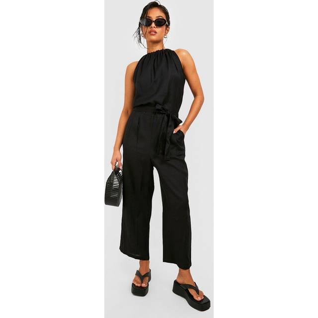 Womens Petite Belted Halter Linen Look Culotte Jumpsuit - Black - 10