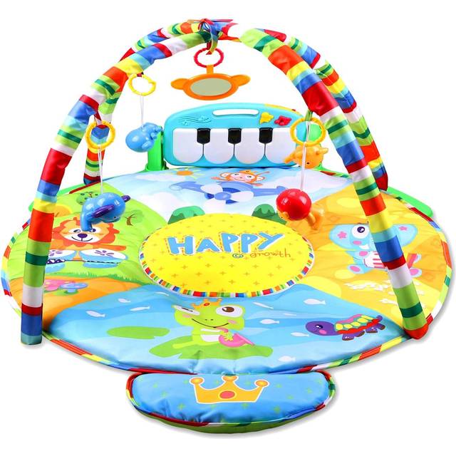 Meero London HE0610 Newborn Blue Round Play mat Gym with Large Keyboard 4 in 1 Kick & Play Activity Centre, Fun Animals, Music, Sound, Textures,