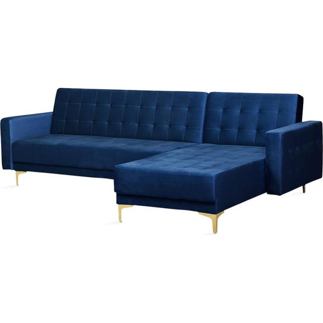 Beliani Left Hand Velvet Corner Sofa Navy Blue Aberdeen, Blue
