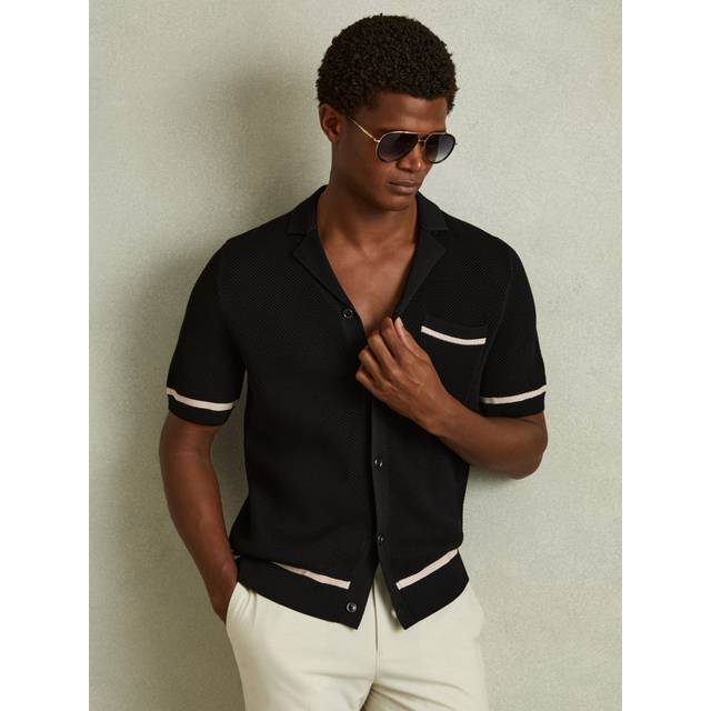 Reiss Mens Black Albion Open-stitch Short-sleeve Knitted Shirt S - BLACK