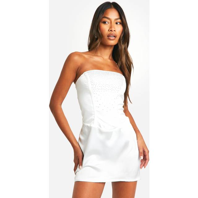 Womens Diamante Corset Satin Mini Dress - White - 10, White