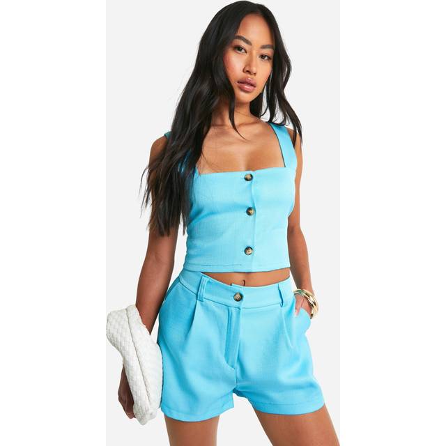 Womens Textured Linen Look Fitted Tailored Shorts - Blue - 6, Blue