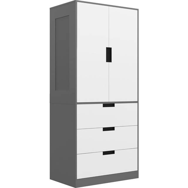HOMCOM 2 Door Wardrobe Grey Wardrobe with 3 Drawer and Hanging Rod for Bedroom