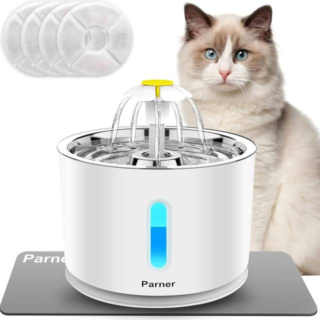 Cat Drinking Fountain, Water Dispenser for Cats with Water Level Window, Cat Water Fountain Stainless Steel with 4 Pieces Hygiene Filter & 1 Silicone