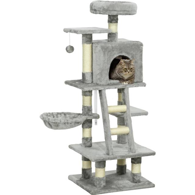 PawHut 132cm Multi-Activity Cat Tree w/ House - Bed - Ladder - Scratch Post - Grey | TJ Hughes
