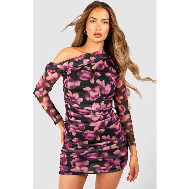 Womens One Shoulder Floral Ruched Mesh Long Sleeve Mini Dress - Black - 8