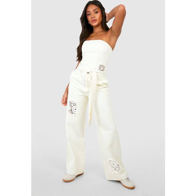 Womens Crochet Mix Belted Wide Leg Jeans - Cream - 8