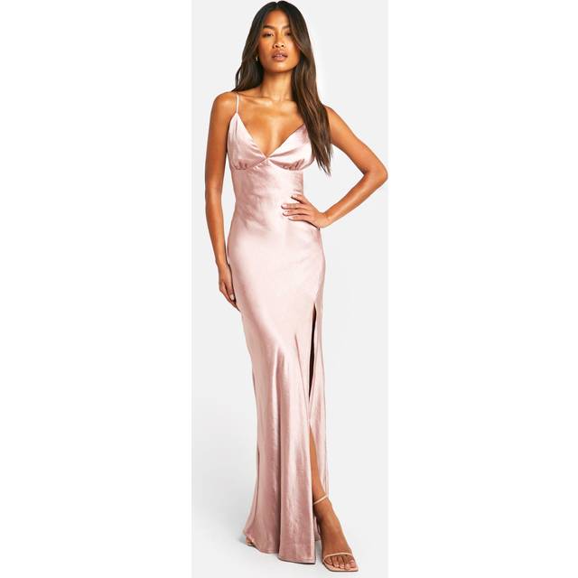 Womens Bridesmaid Satin Strappy Maxi Dress - Beige - 16