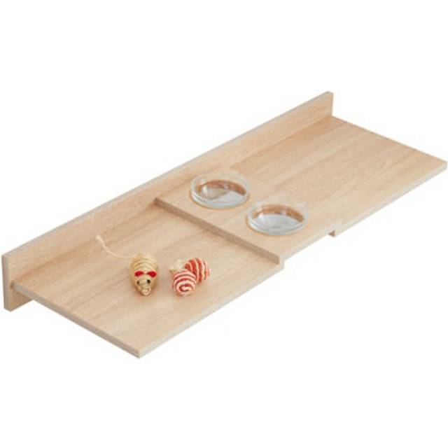 Wall Mounted Cat Feeding Station Double Bowl - Food & Water Cat Feeder With 2 Removable Glass Bowls Included - Beige - One Size