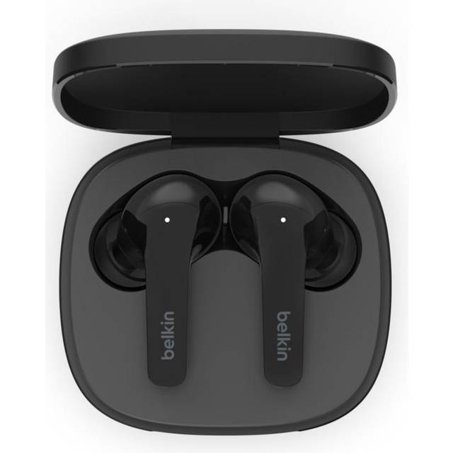 Belkin SOUNDFORM Flow True Wireless-hörlurar med brusneutralisering, Bluetooth, trådlös laddning, IPX5-svett- och vattenbeständiga, 31 tim. speltid, för iPhone, Galaxy, Pixel, Svart En storlek AUC006