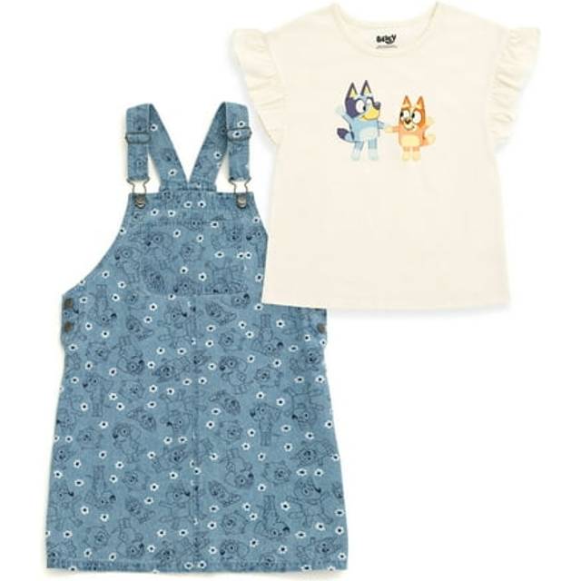 Bluey Bingo Chloe Floral Little Girls Vintage Wash Denim Overall Dress and T-Shirt Outfit Set Blue/White 7-8