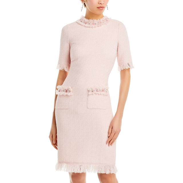 Beaded Fringe-Trim Boucle Midi Dress - BLUSH PINK - 8