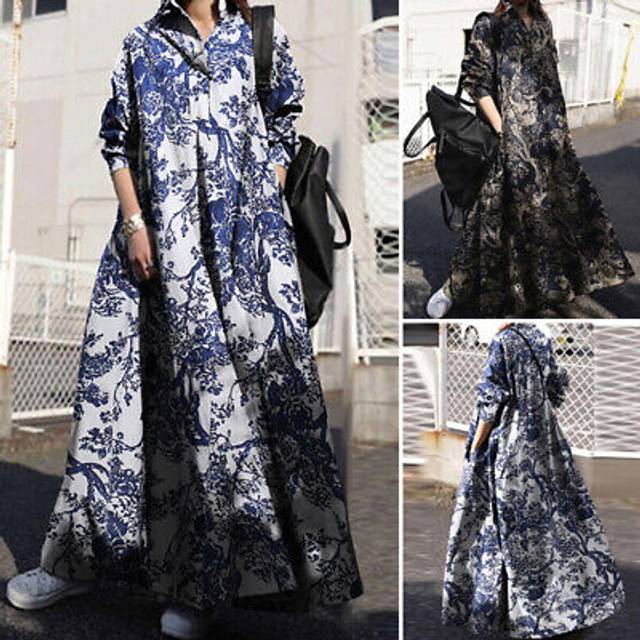 Zanzea uk women long sleeve floral printed dress kaftan baggy abaya maxi dresses