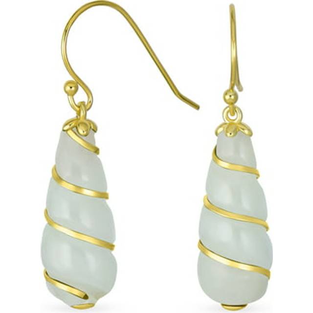 Classic Elegant Genuine Gem Long Chandelier Light Green Jade Teardrop Dangle Earrings for Women 14K Yellow Gold Overlay Twisted Vortex Accent Sterling light green