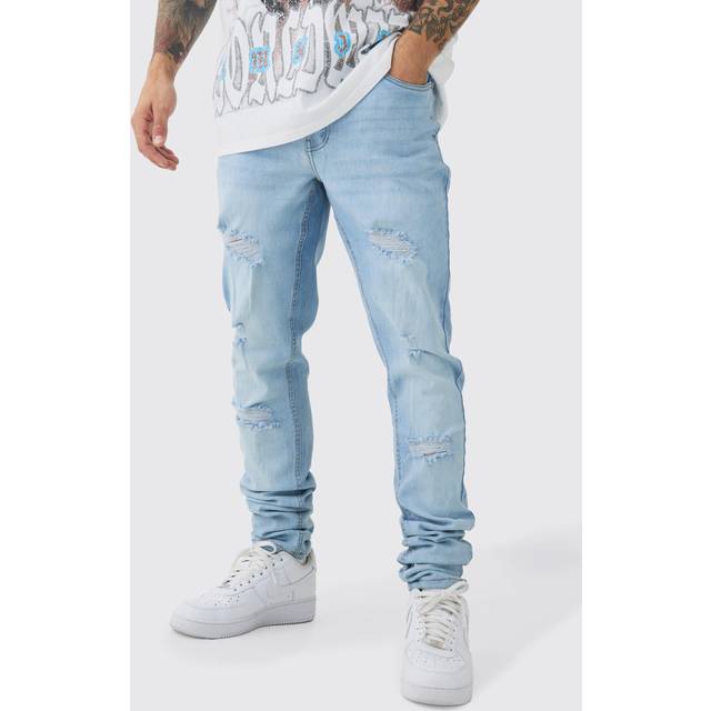 Mens Ice Blue Skinny Stretch Stacked Ripped Jeans