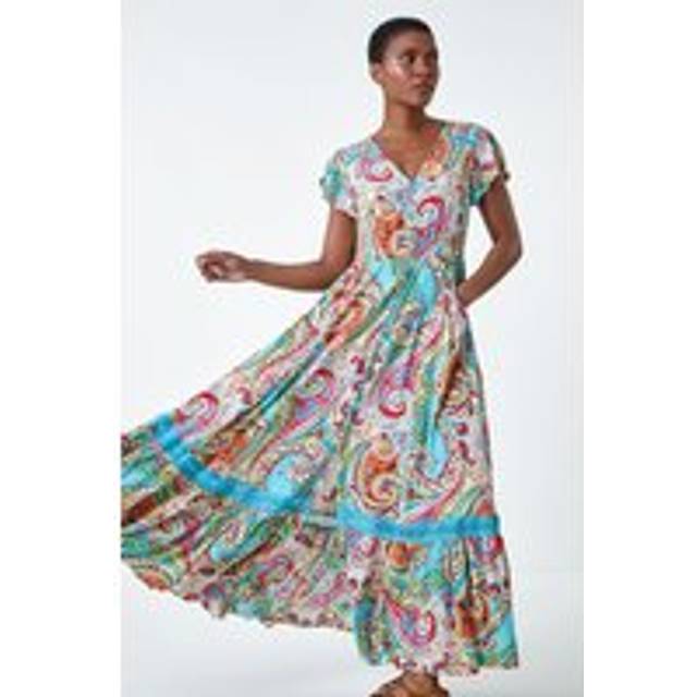 Roman Light Blue Paisley Print Shirred Waist Maxi Dress - Size 18