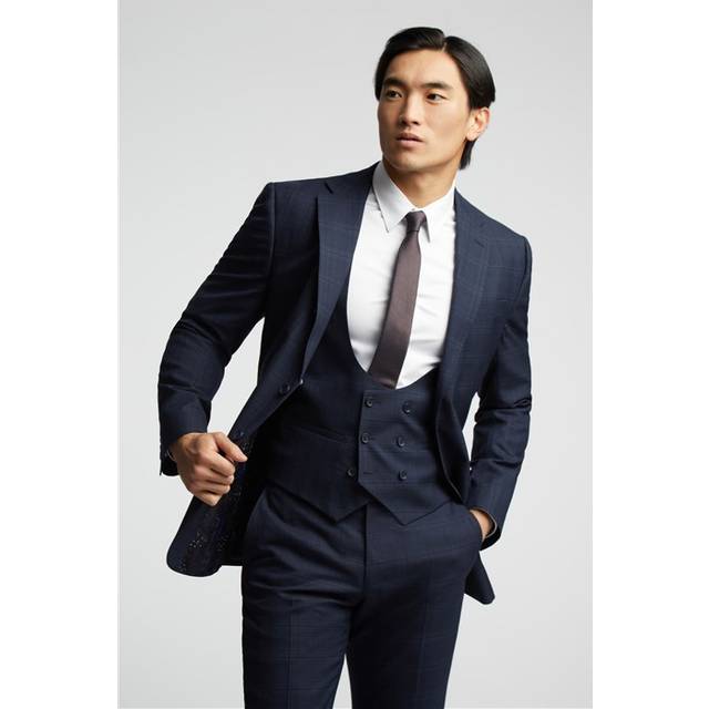 Alexandre Tailored Fit Navy Blue Textured Check Men's Suit Jacket - 46R