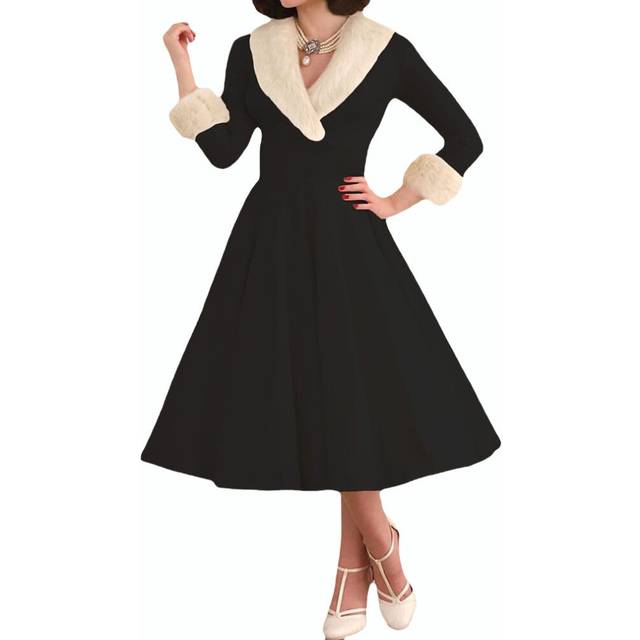 (S, black) Womens Autumn Winter Fashion Plush Dress Long Sleeve V Neck Empire Waist Midi Tea Party Dress Retro Swing Dresses
