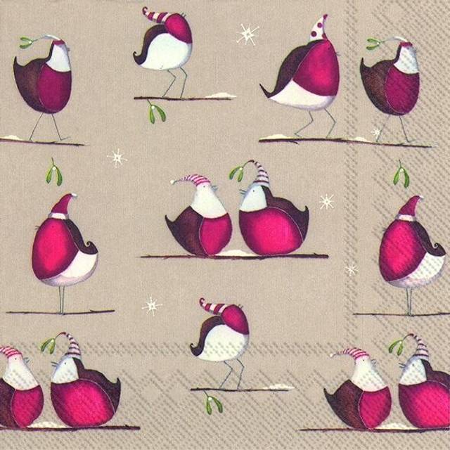 Crazy Red Robins Linen Christmas Paper 33cm Square Lunch Napkins 20 In A Pack