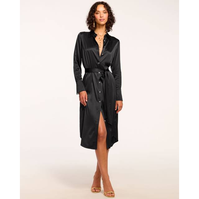 Victoria Silk Button Down Midi Dress in Black - BLACK