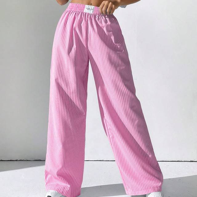SHEIN Ladies&#34; Casual Striped Plaid Detail Wide Leg Pants