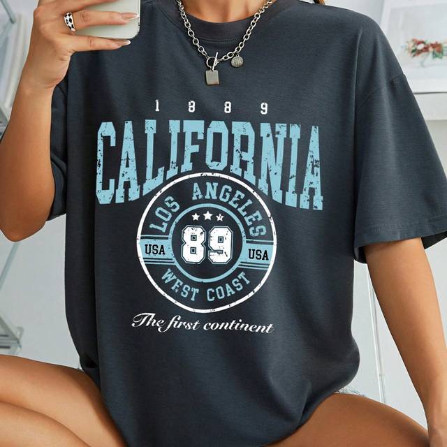 INAWLY Casual And Vacation Style Gray T-Shirt With Letter Print, Drop Shoulder And Round Neck Design; Perfect For Back To School Season, Casual Short Sleeve