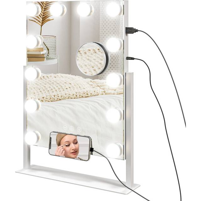 HOMCOM Hollywood Lighted Makeup Mirror With Magnifier, Usb Port, Phone Holder, White