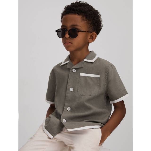 Reiss Boys Khaki/white Kids Vitan Contrast-trim Linen Shirt 3-13 Years 9-10 - KHAKI/WHITE