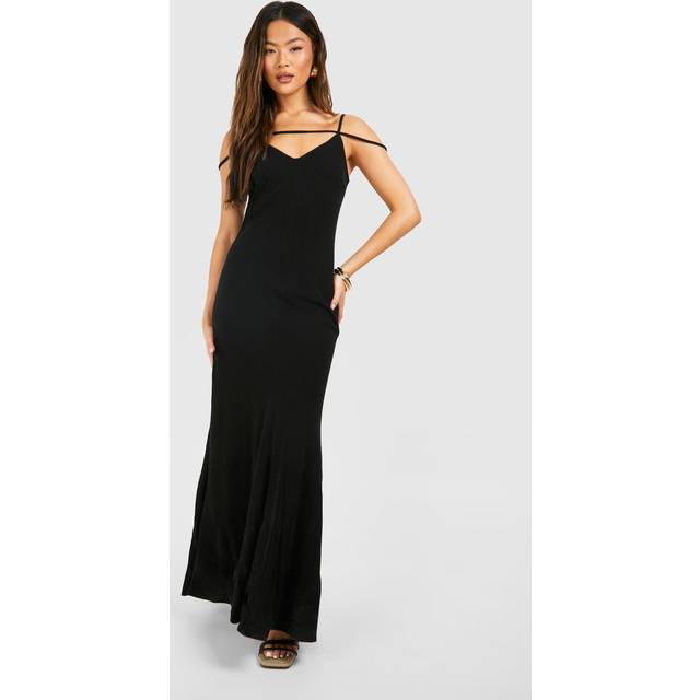 Womens Linen Look Strappy Plunge Maxi Slip Dress - Black - 14, Black