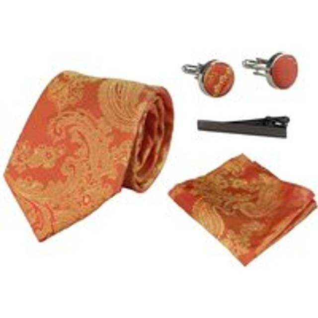 Paisley Neck Tie Pocket Square Cuff Links - Orange - One Size