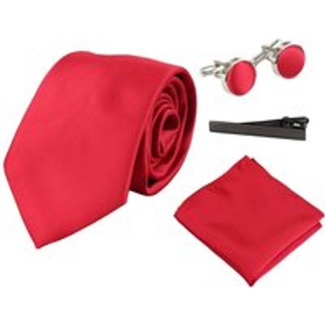 Satin Silk Tie Pocket Square Cuff Links Shiny - Red - One Size