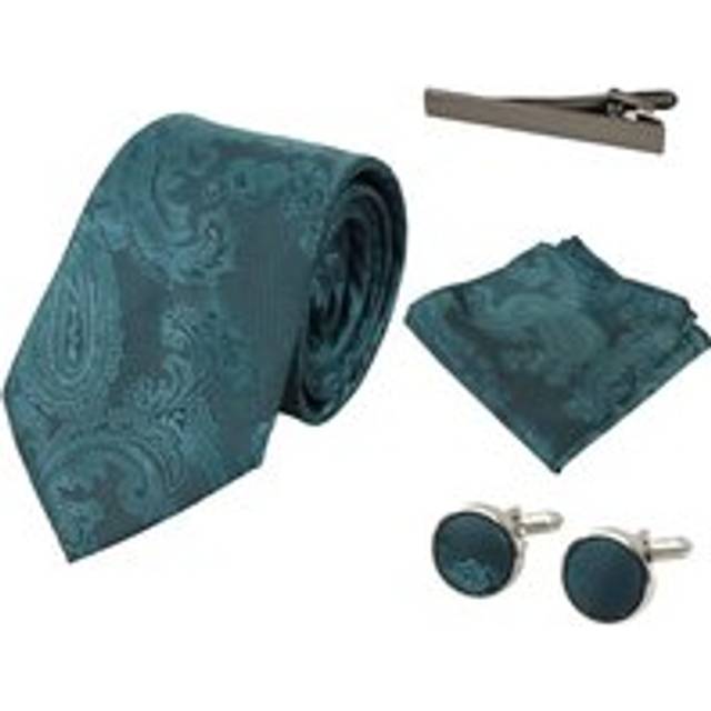 Paisley Neck Tie Pocket Square Cuff Links - Green - One Size