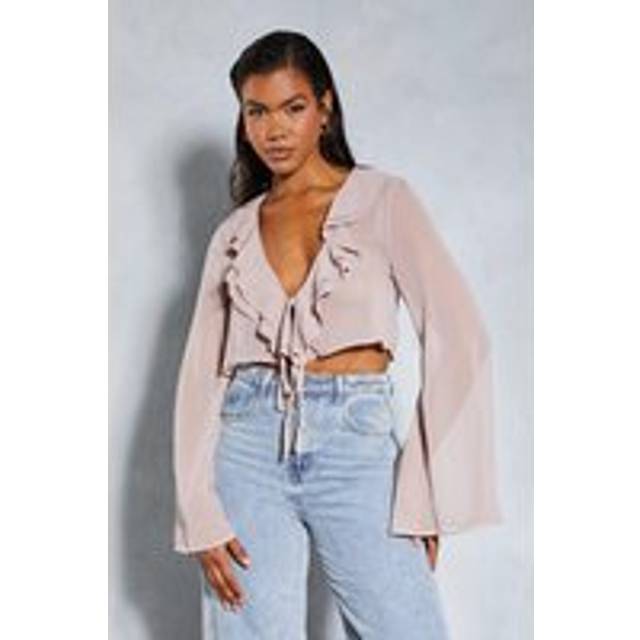 Womens Chiffon Frill Layered Flute Sleeve Cropped Blouse - Pink - 6