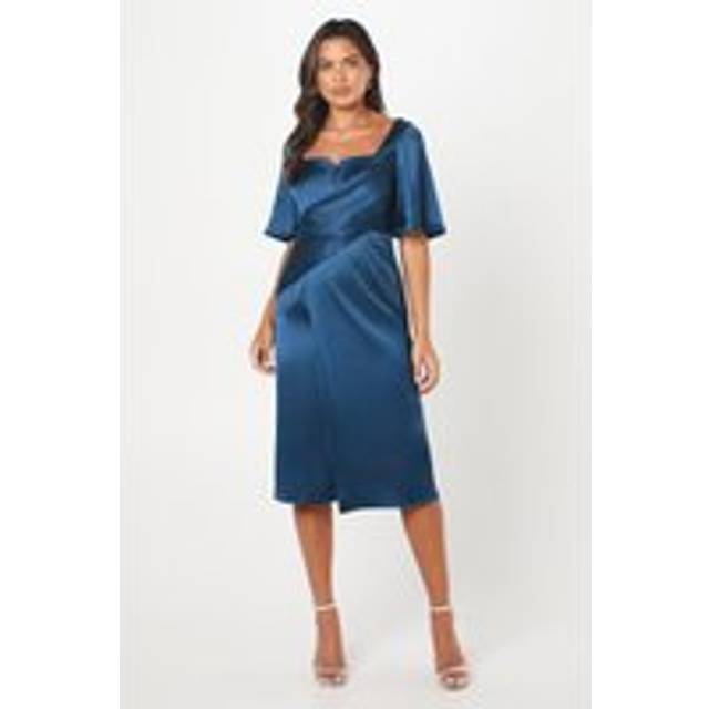 Satin Wrap Waist Flutter Sleeve Midi Wedding Guest Dress - Washed Indigo - 10