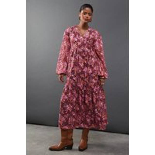 Warehouse Womens Floral Burnout Chiffon Wrap Smock Midi Dress - Pink - Size 8 UK