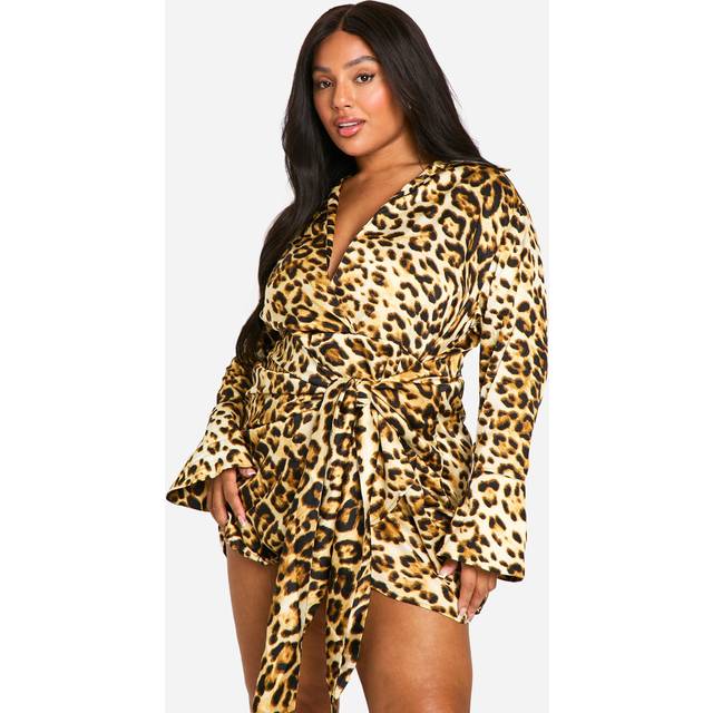 Womens Plus Leopard Tie Waist Shirt Wrap Dress - Multi - 20