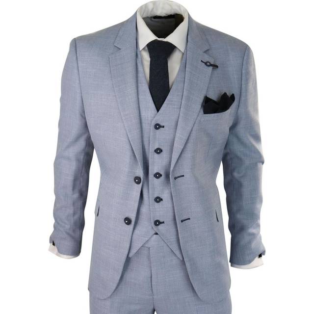Infinity Leather Mens 3 Piece Linen Suit Light Blue Summer Tailored Fit Wedding Prom Classic - Size 36 (Chest)