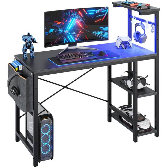 Bestier Computer Desk with Shelves Small Corner Desk with LED Lighting 113CM Reversible Computer Desk Writing Table with Side Pocket Storage Bag &