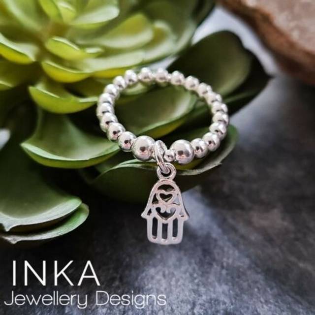 Inka sterling silver stacking stretch ring thumb ring & mini hamsa hand charm