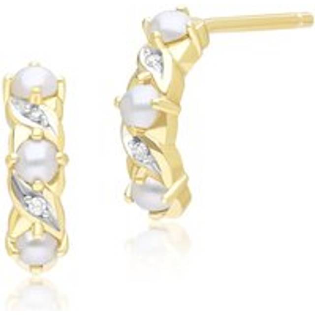 Classic Art Nouveau Style Pearl & Diamond Half Eternity Hoop Earrings in 9ct Yellow Gold