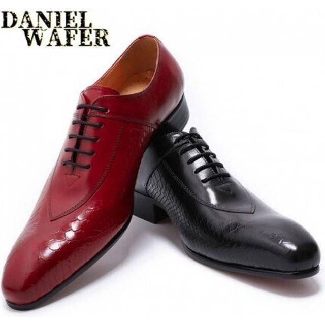 (Black) Fashion Men Leather Shoes Snake Skin Prints Black Red Lace Up Pointed Toe Casual Office Wedding Party Dress Oxford Shoes For Men
