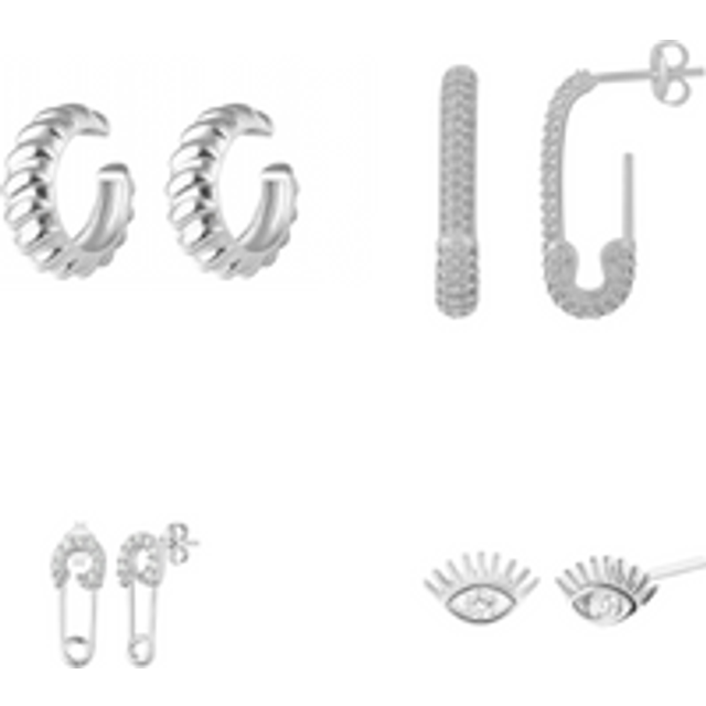 Sterling Silver Safety Pin Stud Croissant Ear Cuff and Evil Eye Earrings Set - Pair