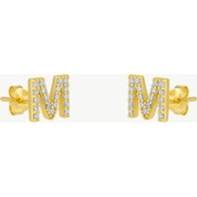 Womens Initial Letter Stud Earrings Sterling Silver in 18K Gold Plated - Pair - Metallics - M
