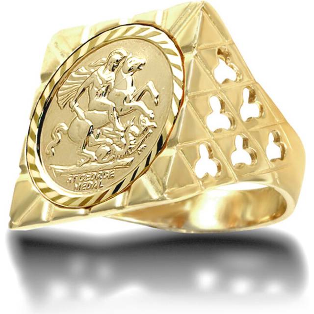 (N) Jewelco London Men's Solid 9ct Gold Clubs Clovers Square Top St George & Dragon Medallion Ring (Half Sov Size) - JRN178-H-SG